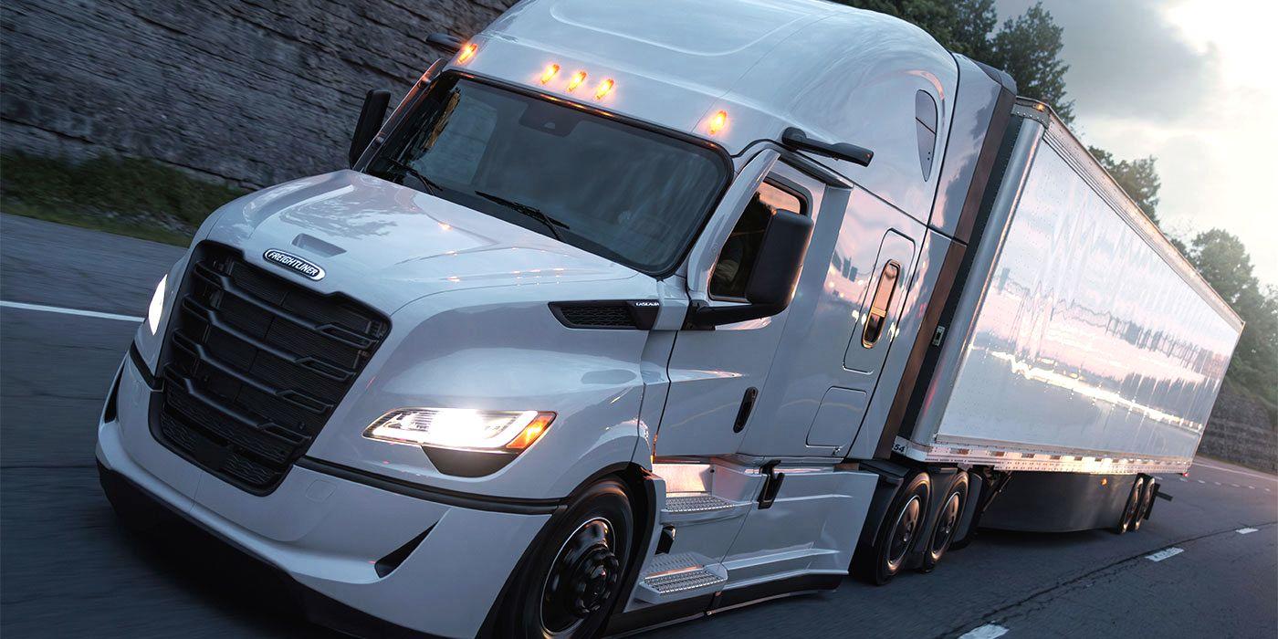 White Freightliner Cascadia sleeper with a white trailer on the highway